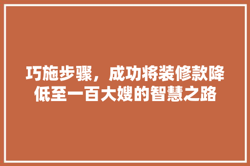 巧施步骤，成功将装修款降低至一百大嫂的智慧之路